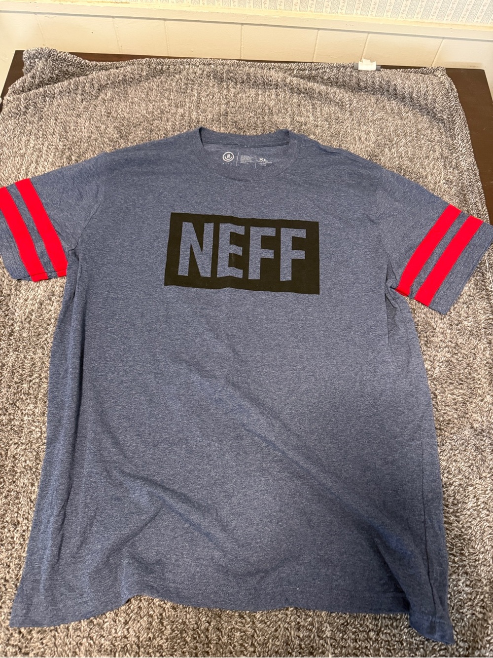 Neff Navy Blue Tee with Black Logo and Red Sleeve Stripes